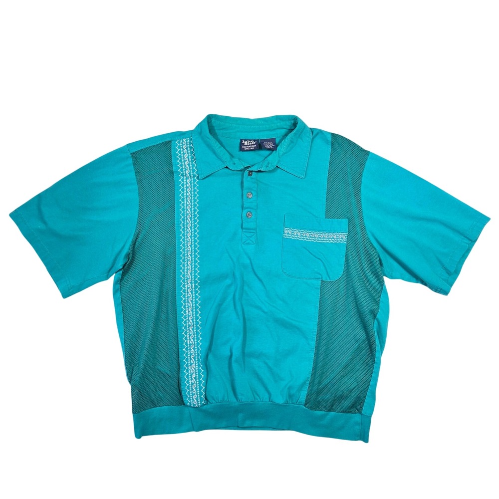 Vintage 90s John Blair Men XL Polo Shirt Teal Green Embroidered Banded Hem Retro